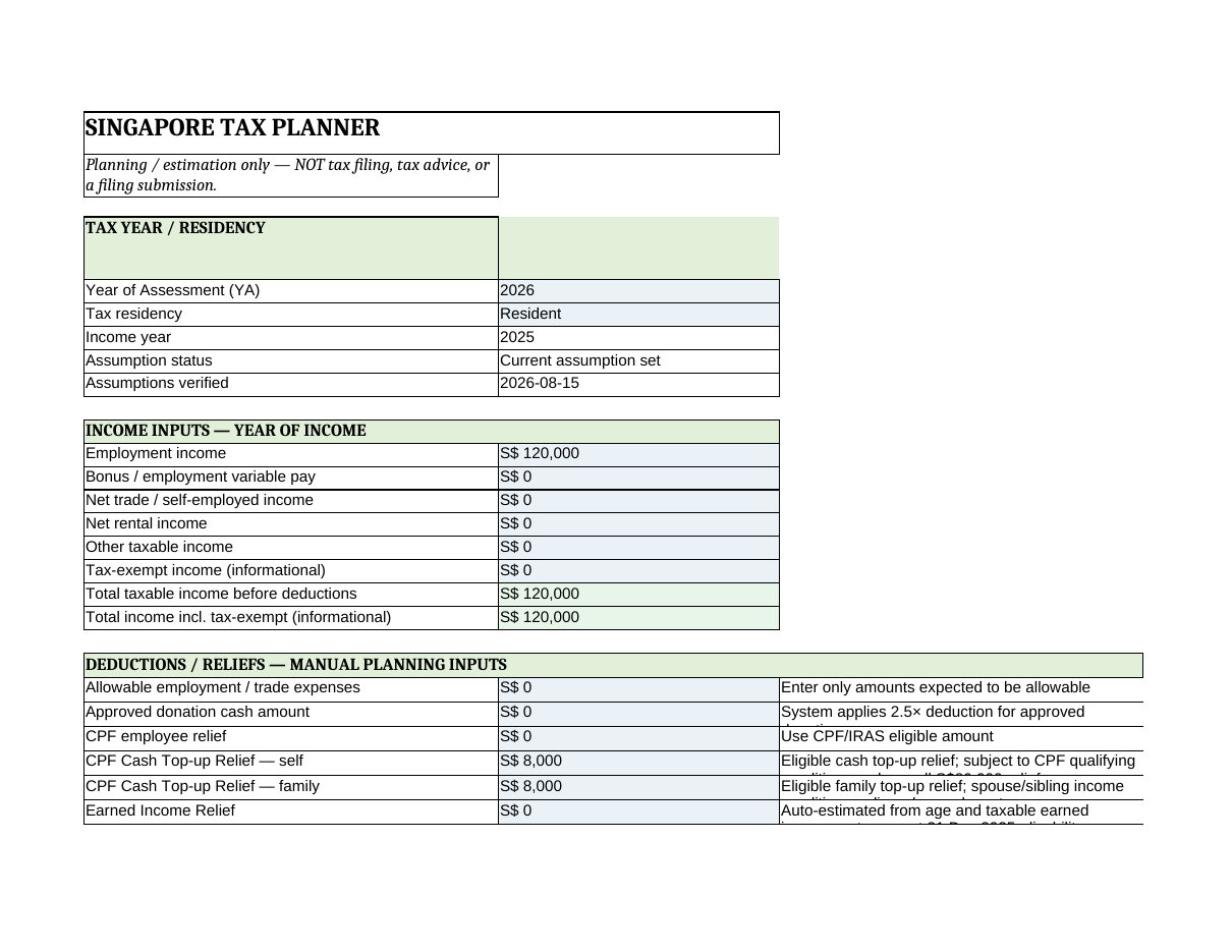 Singapore Tax Planner workbook screenshot
